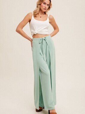 NWT Boutique: Hem & Thread Overlapping Wrap Self-Tie Waist Wide Leg Pant Seafoam